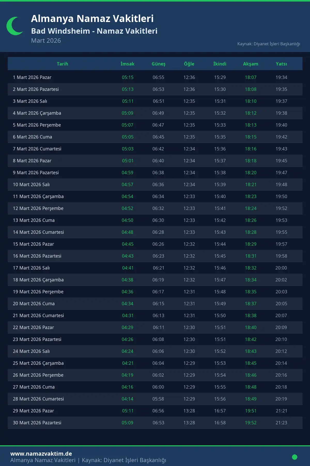 Bad Windsheim Mart 2026 Namaz Vakitleri Takvimi