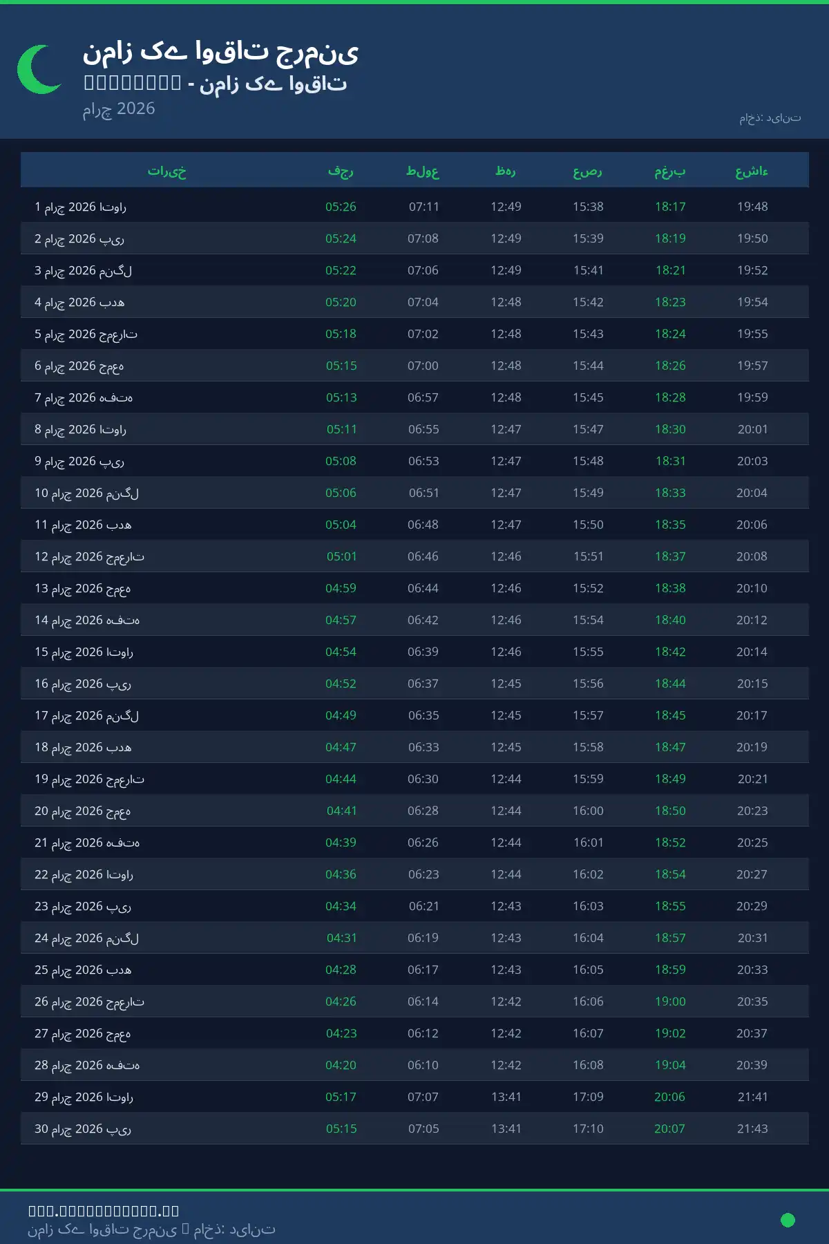 نماز اوقات کیلنڈر Bismarck مارچ 2026