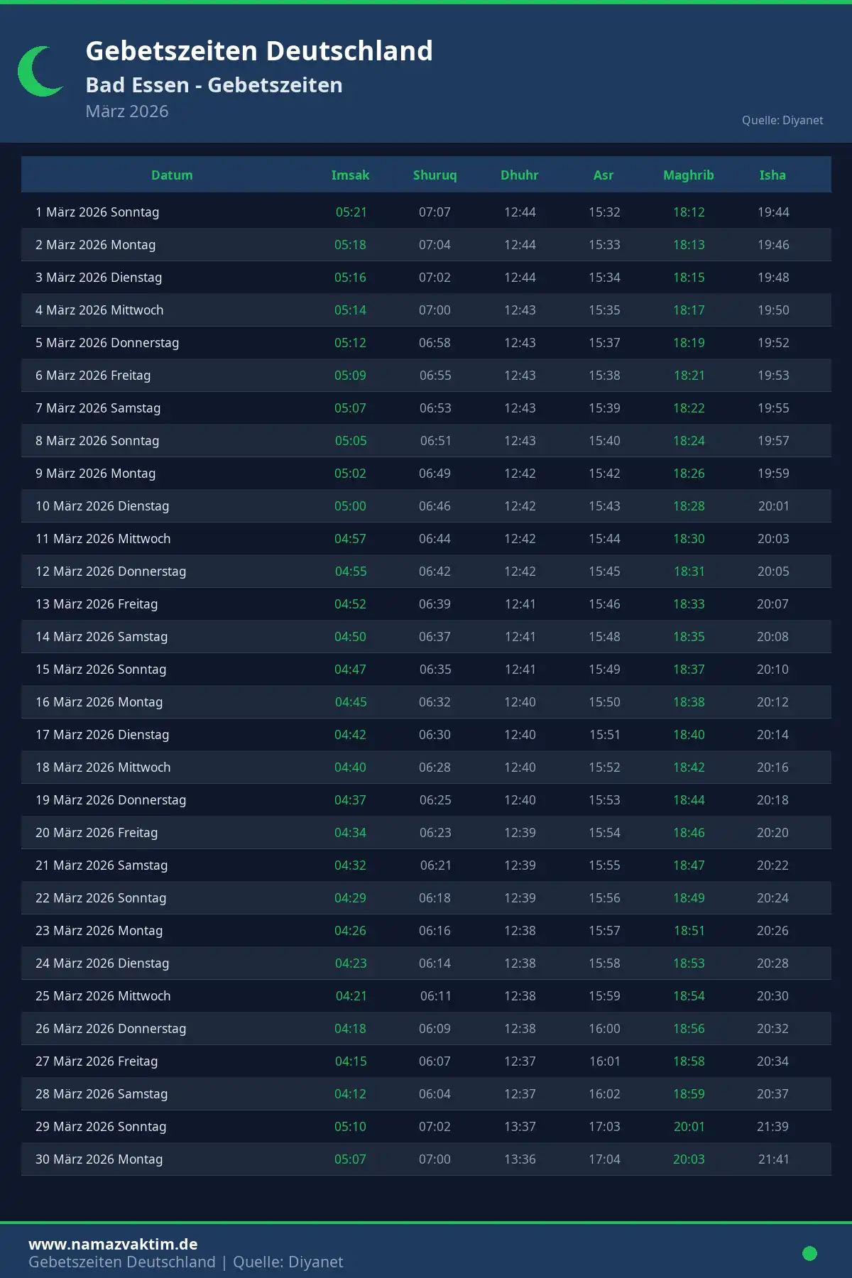 Gebetszeiten Bad Essen März 2026 Kalender