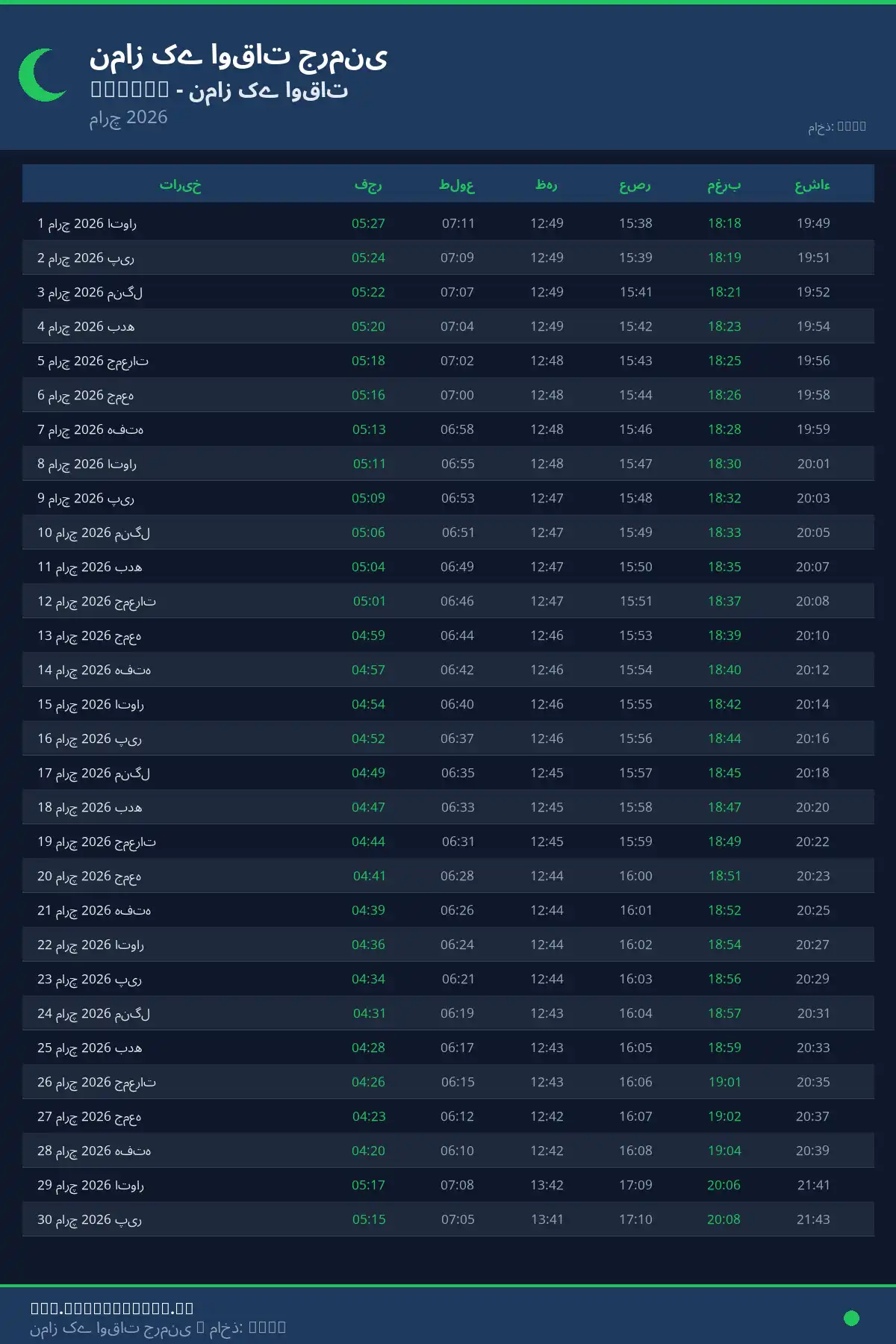 نماز اوقات کیلنڈر Hassel مارچ 2026