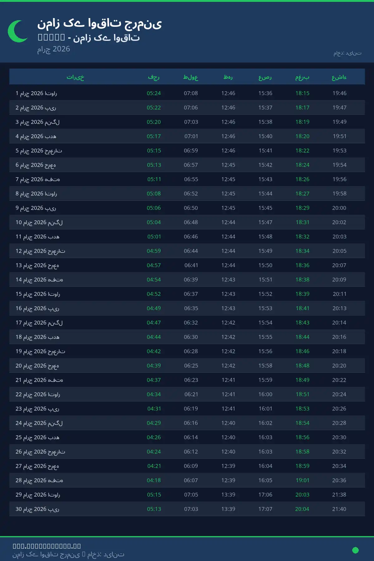 نماز اوقات کیلنڈر Hemer مارچ 2026