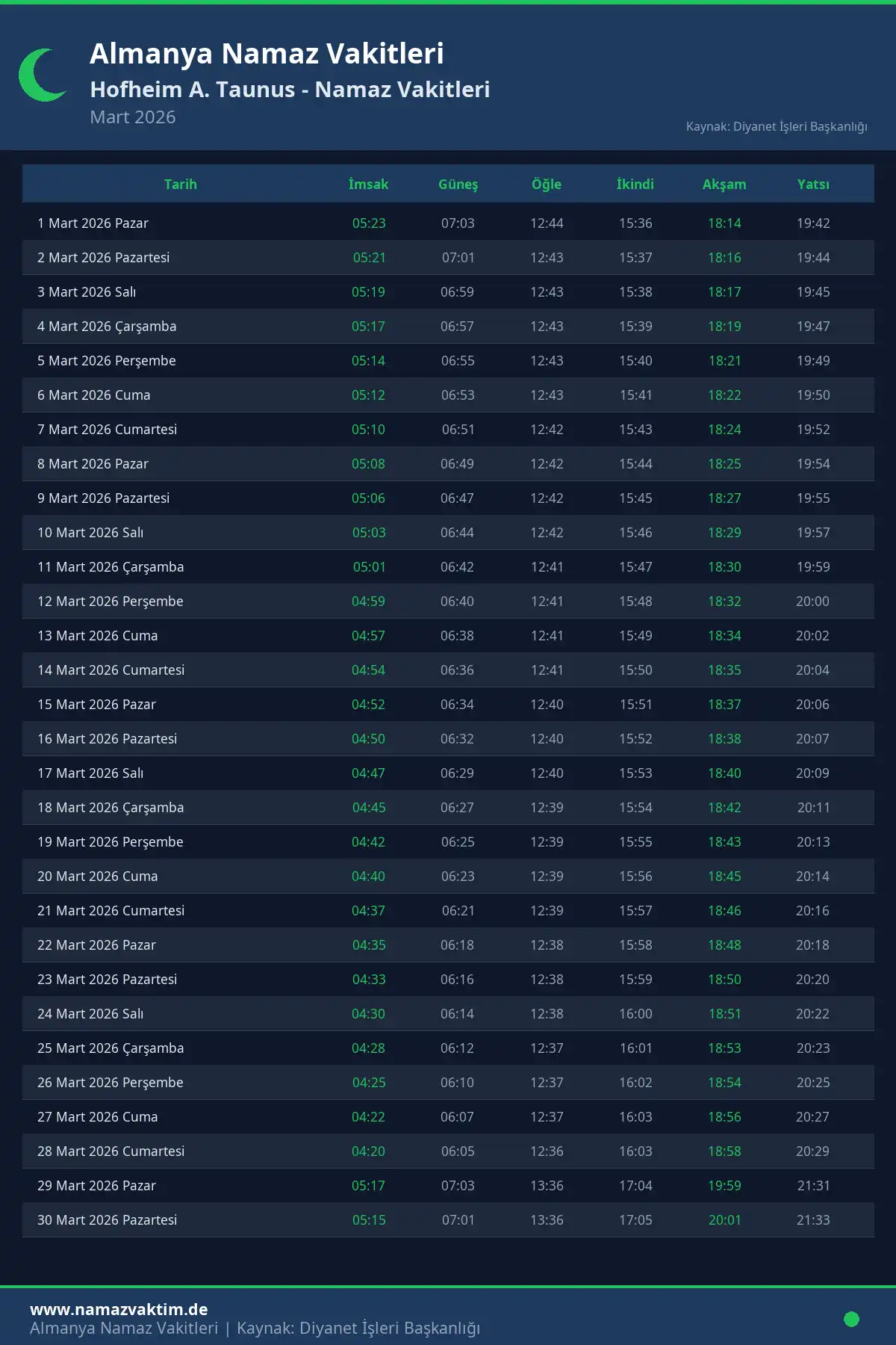 Hofheim A. Taunus Mart 2026 Namaz Vakitleri Takvimi