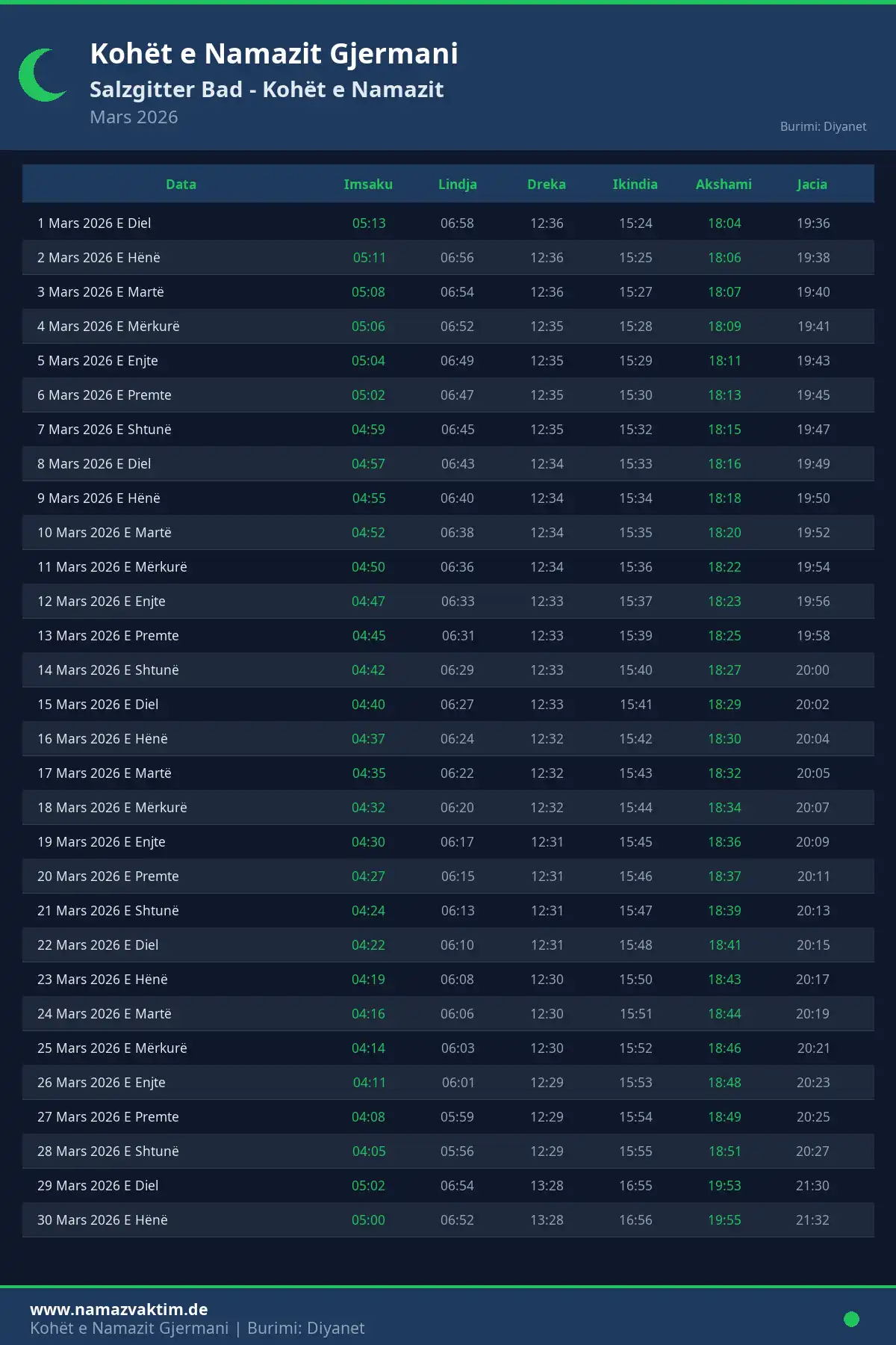 Kalendari i kohëve të namazit Salzgitter Bad Mars 2026