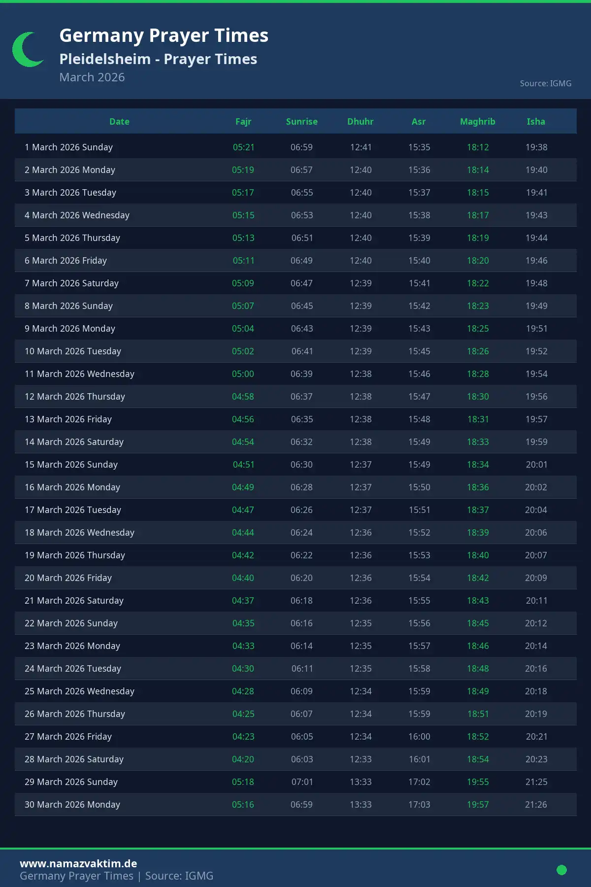Pleidelsheim March 2026 Prayer Times Calendar