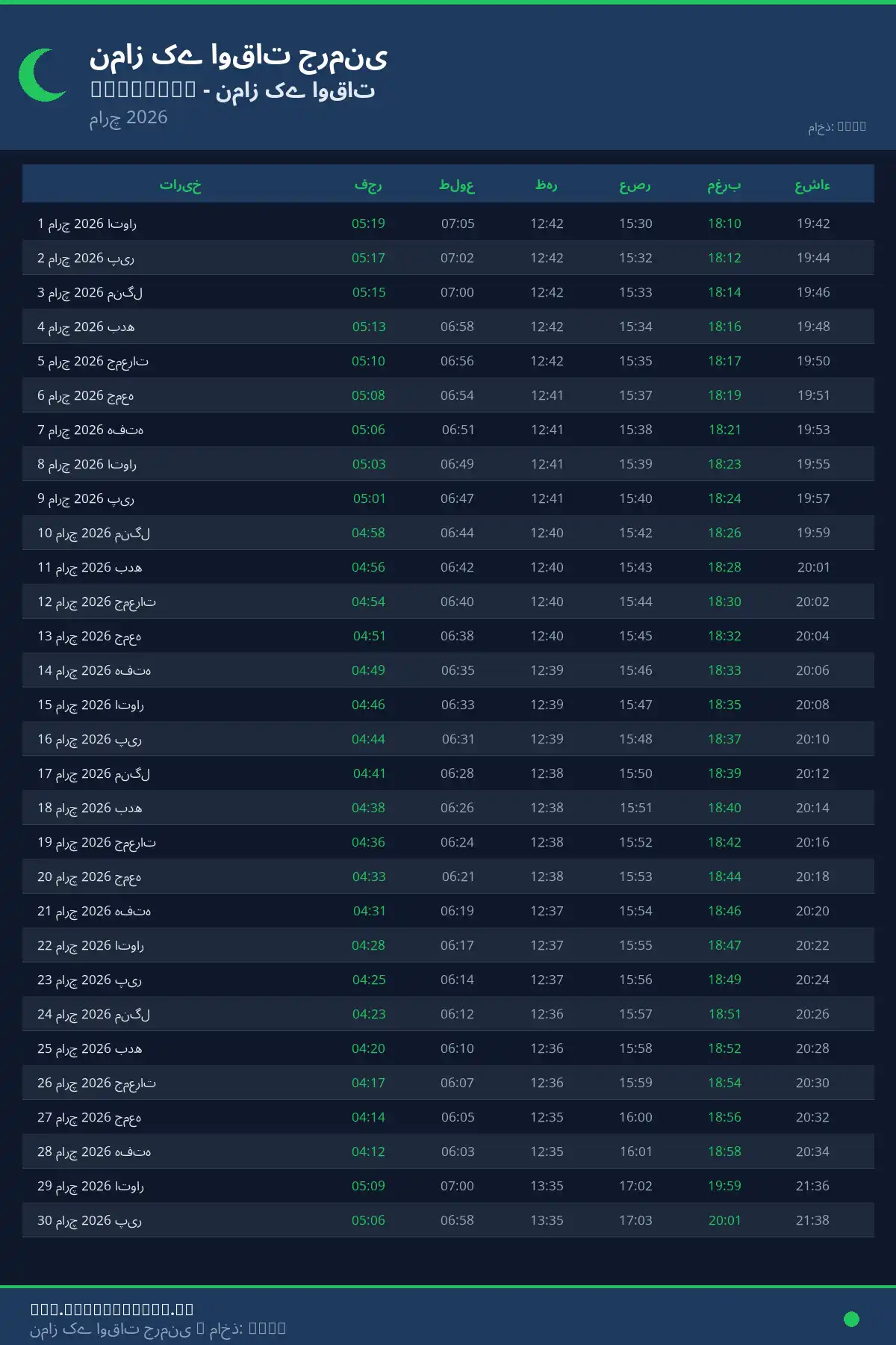 نماز اوقات کیلنڈر Schotmar مارچ 2026