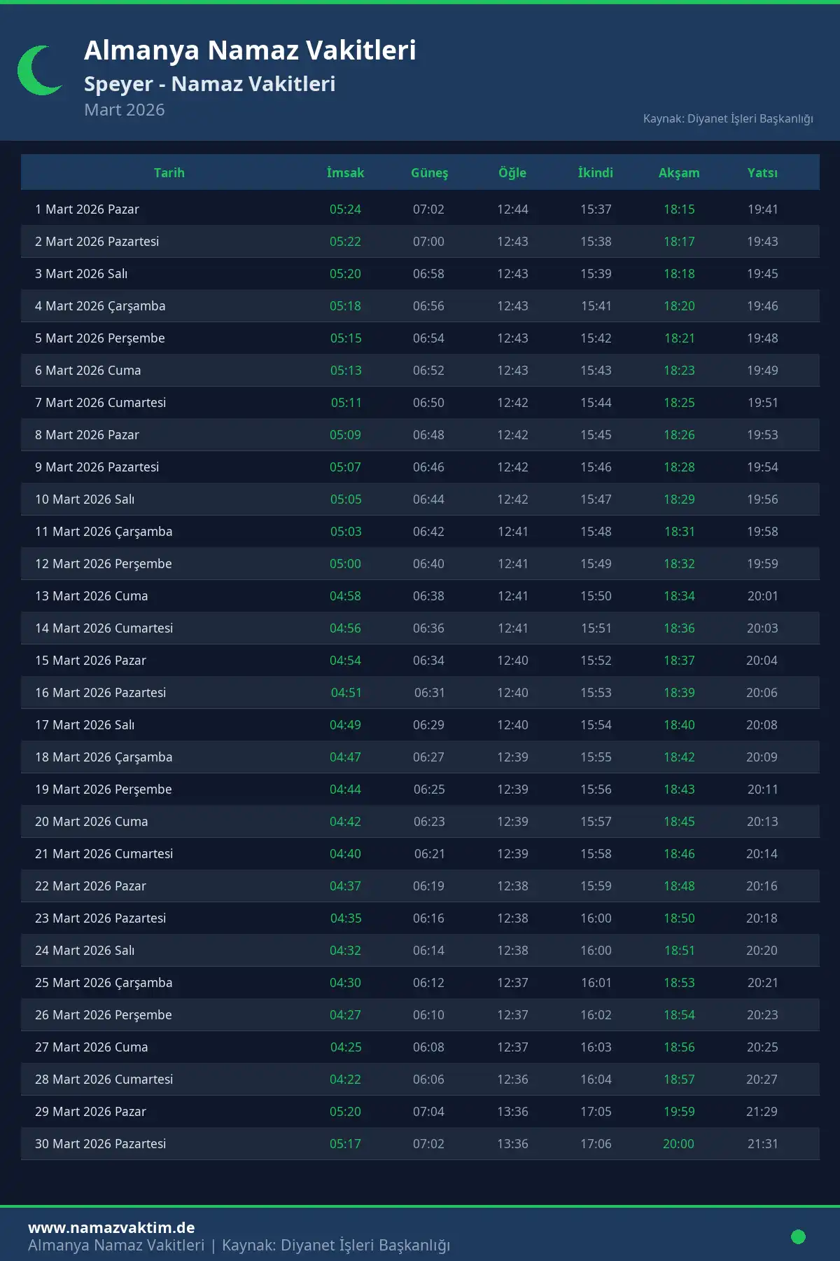 Speyer Mart 2026 Namaz Vakitleri Takvimi