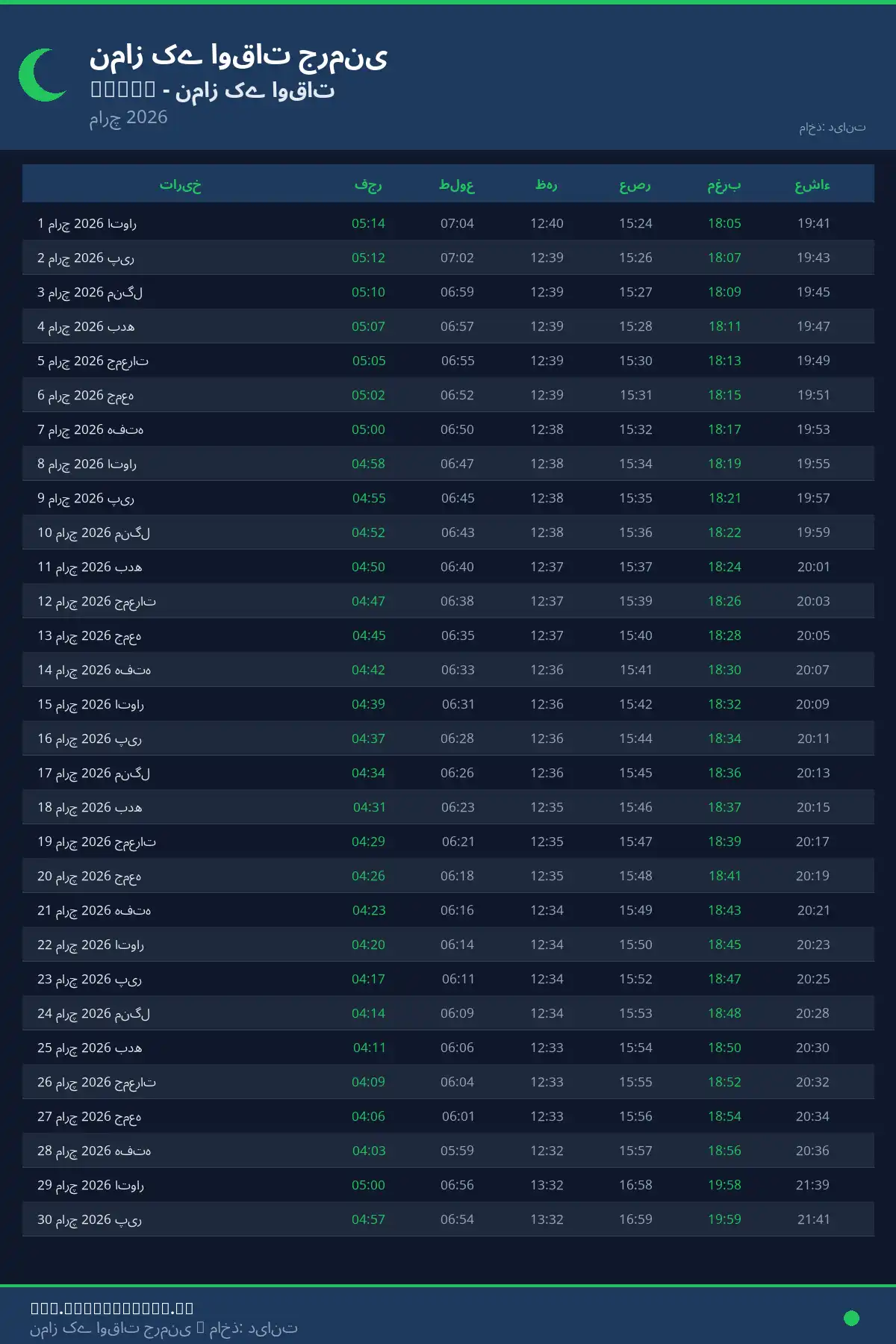 نماز اوقات کیلنڈر Stade مارچ 2026