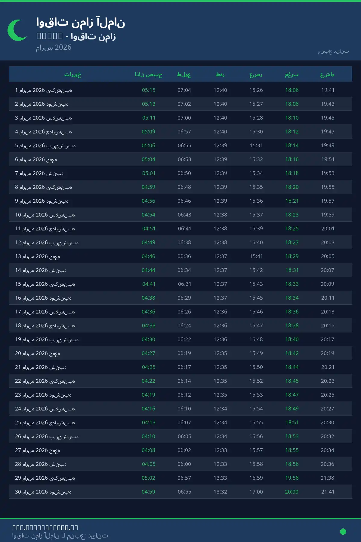 تقویم اوقات نماز Zeven مارس 2026